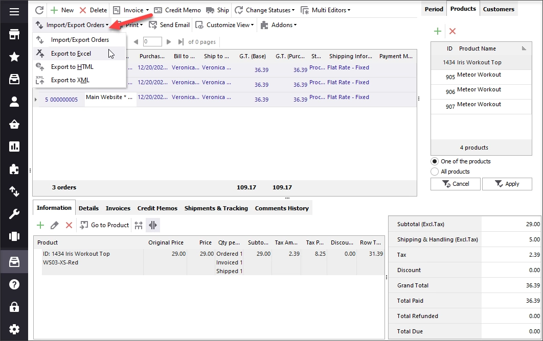Export orders from the grid