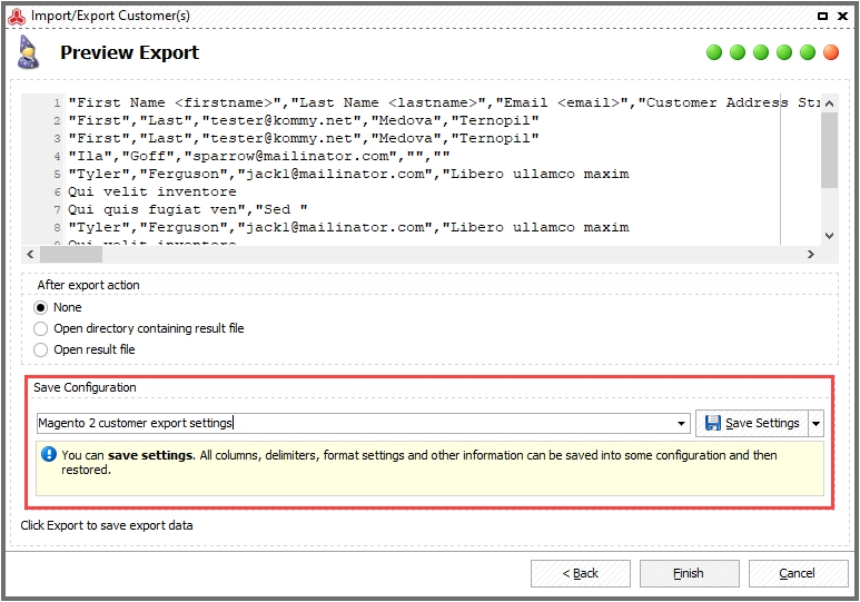Save export configuration to file if necessary