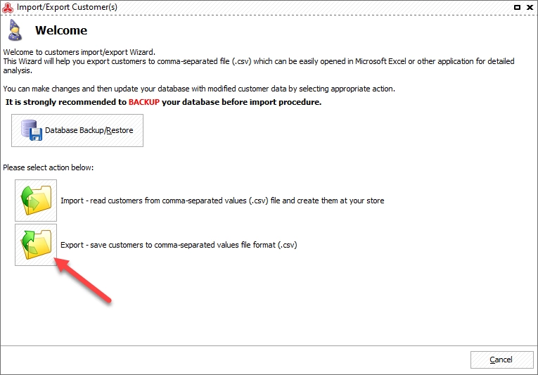 Select Export action in the wizard of Store Manager