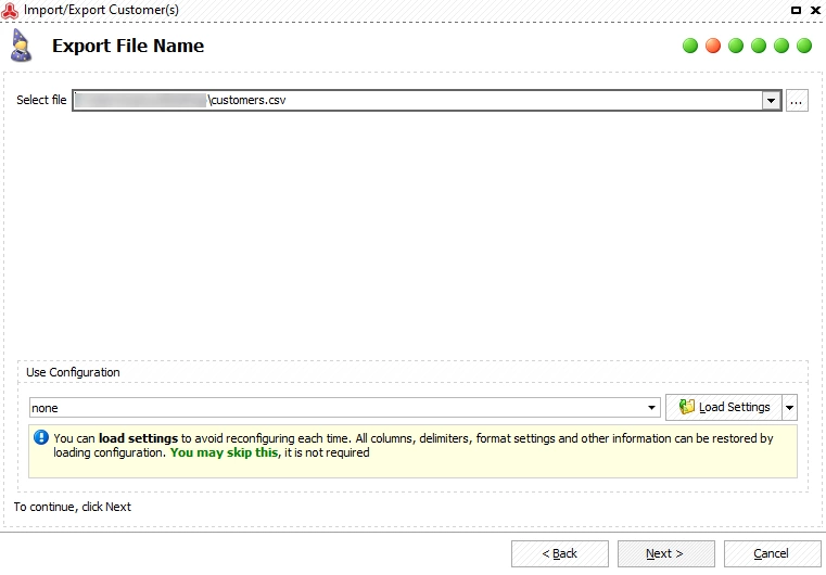Select file to save exported customers data to