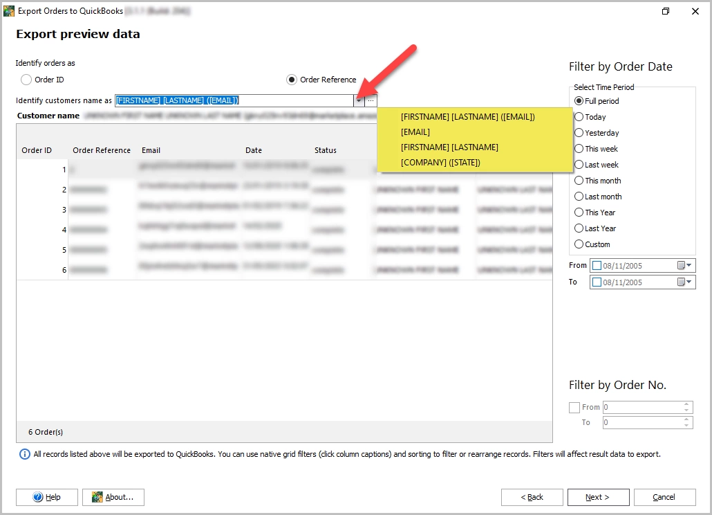 Order Data Preview During Export to QuickBooks