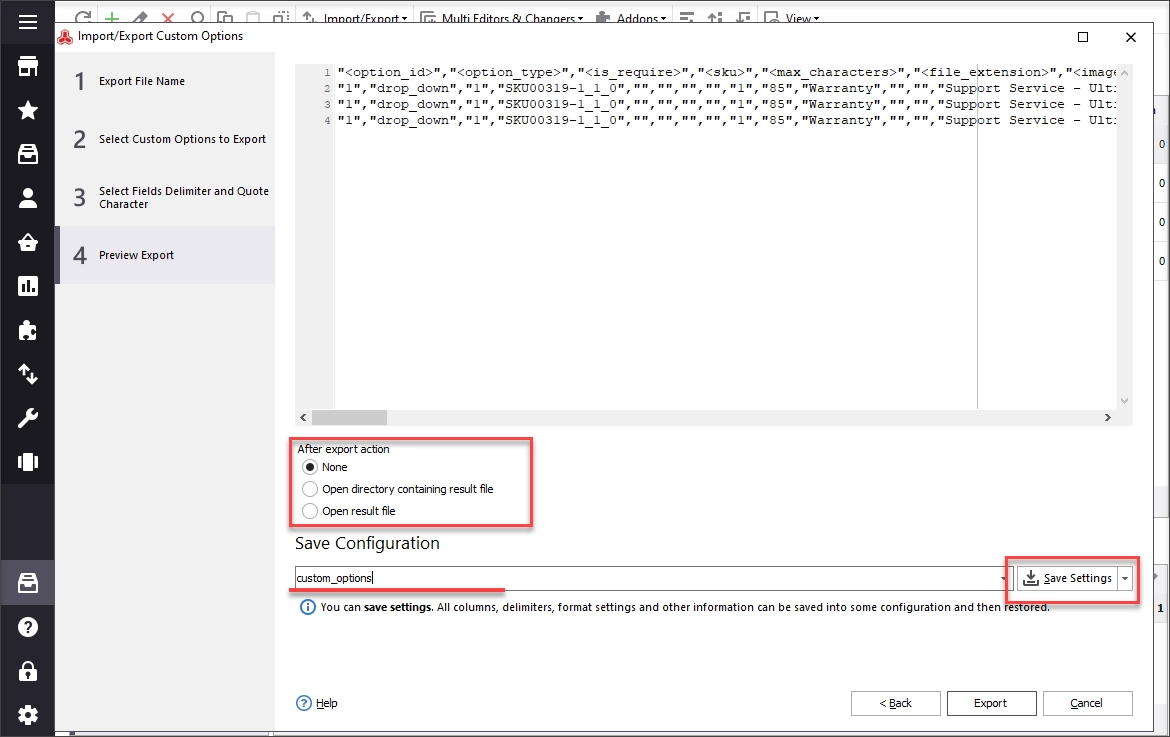 Preview export file with custom options