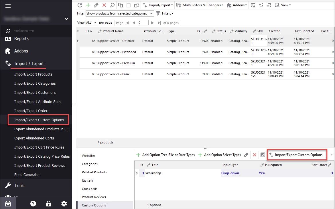 Run Export Custom options Wizard