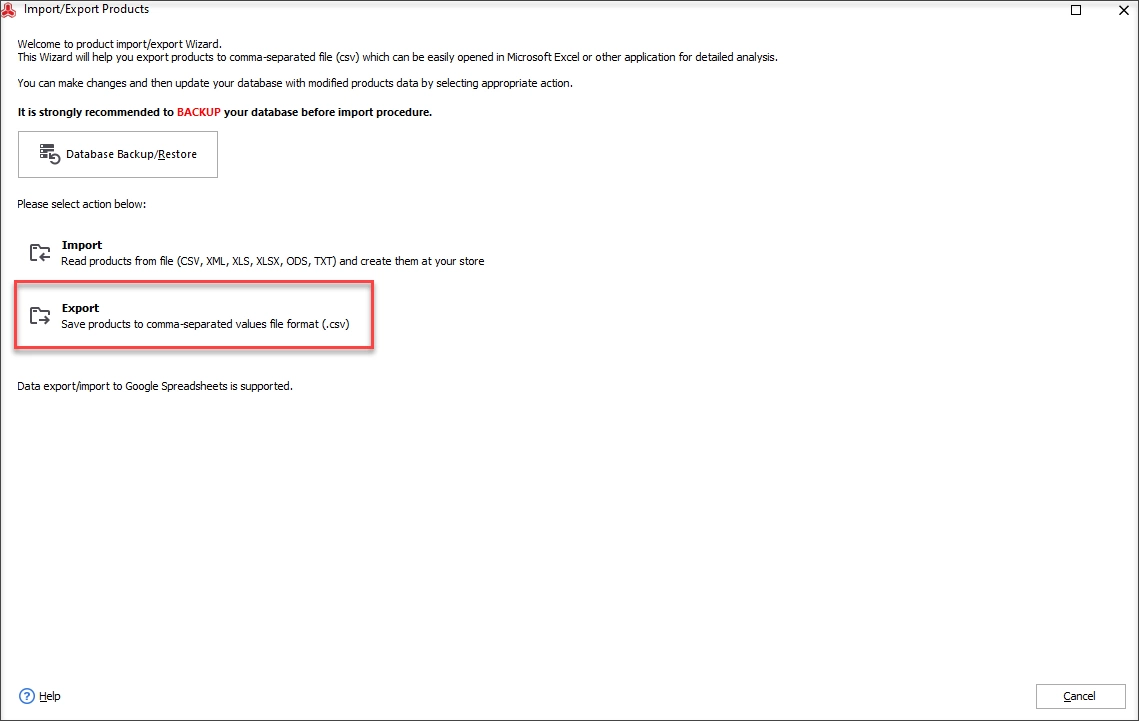 Choose Export Option in Export/Import Wizard