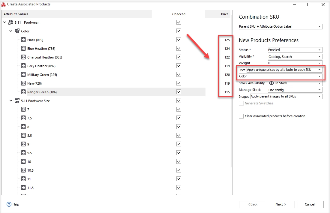 Apply unique prices by attribute to each SKU option