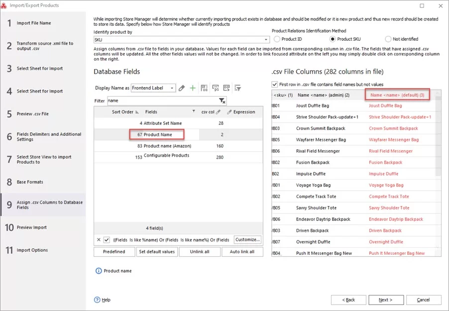 Magento Store Manager Import Fields Mapping