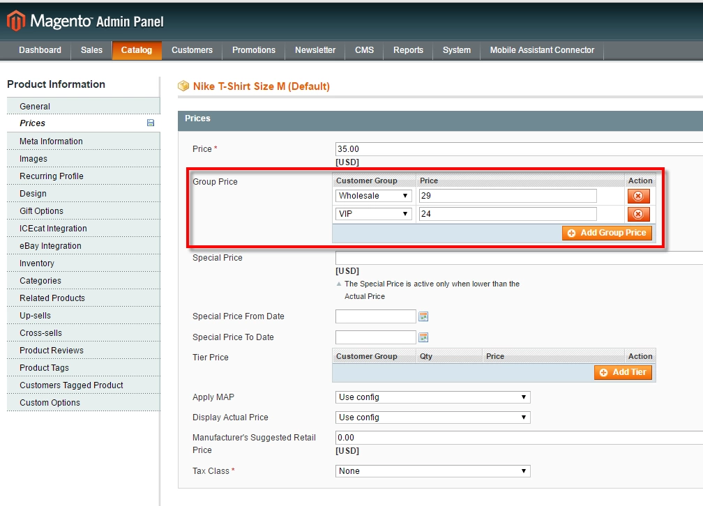 Magento group price setup