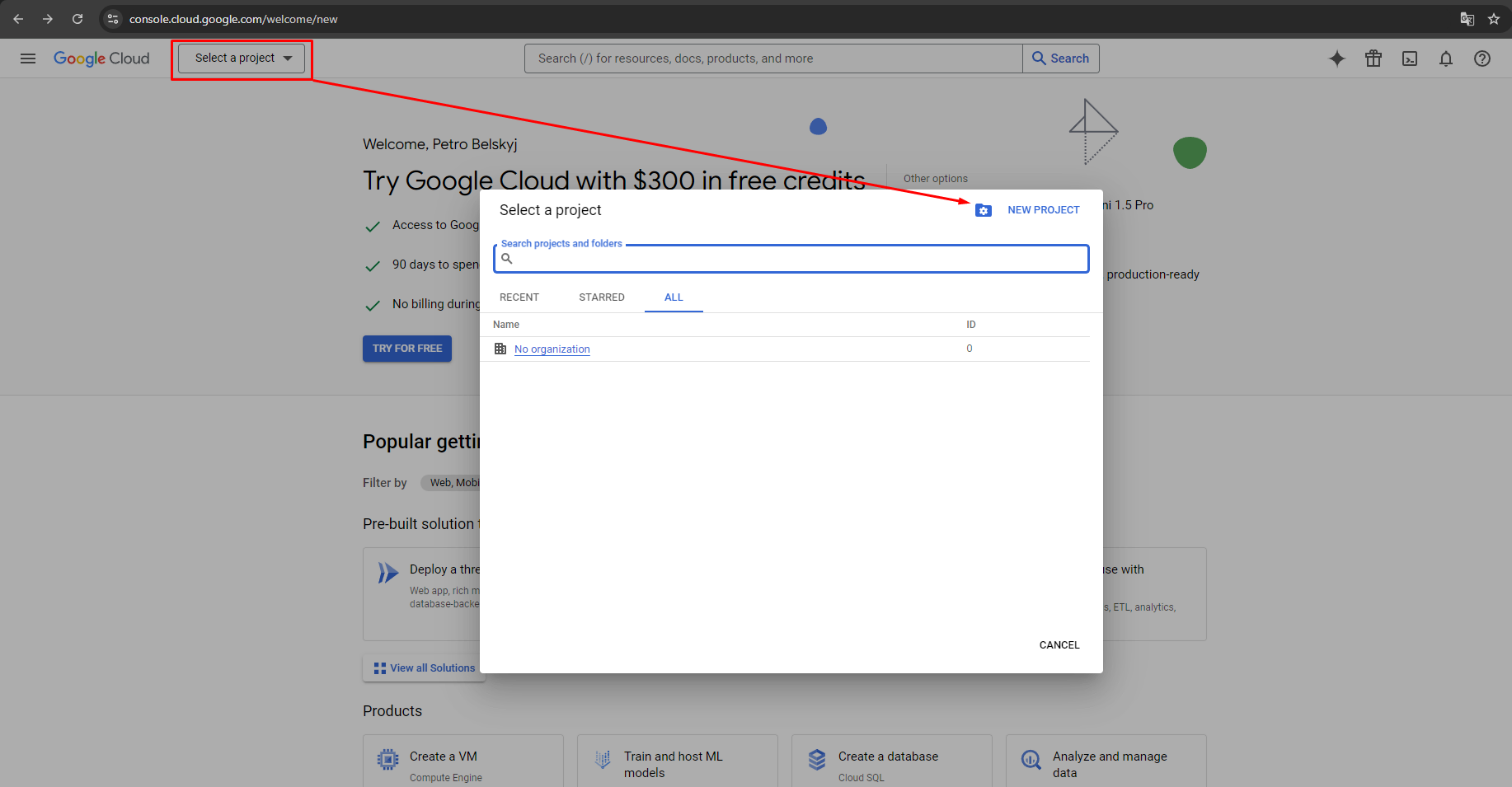 Generate Google API keys for Store Manager for Adobe (ex Magento), From the projects list, select a project or create a new one.