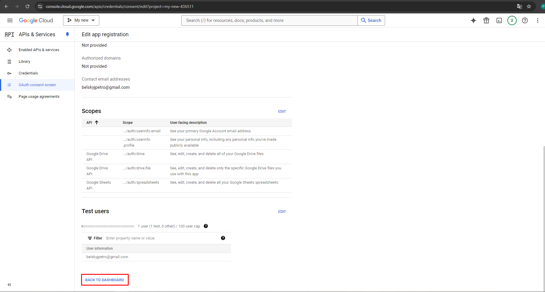 Generate Google API keys for Store Manager for Adobe (ex Magento), check all settings and hit Back to dashboard.