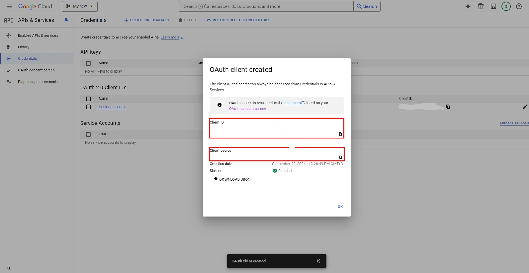 Generate Google API keys for Store Manager for Adobe (ex Magento), You have your new Client ID and Client secret.