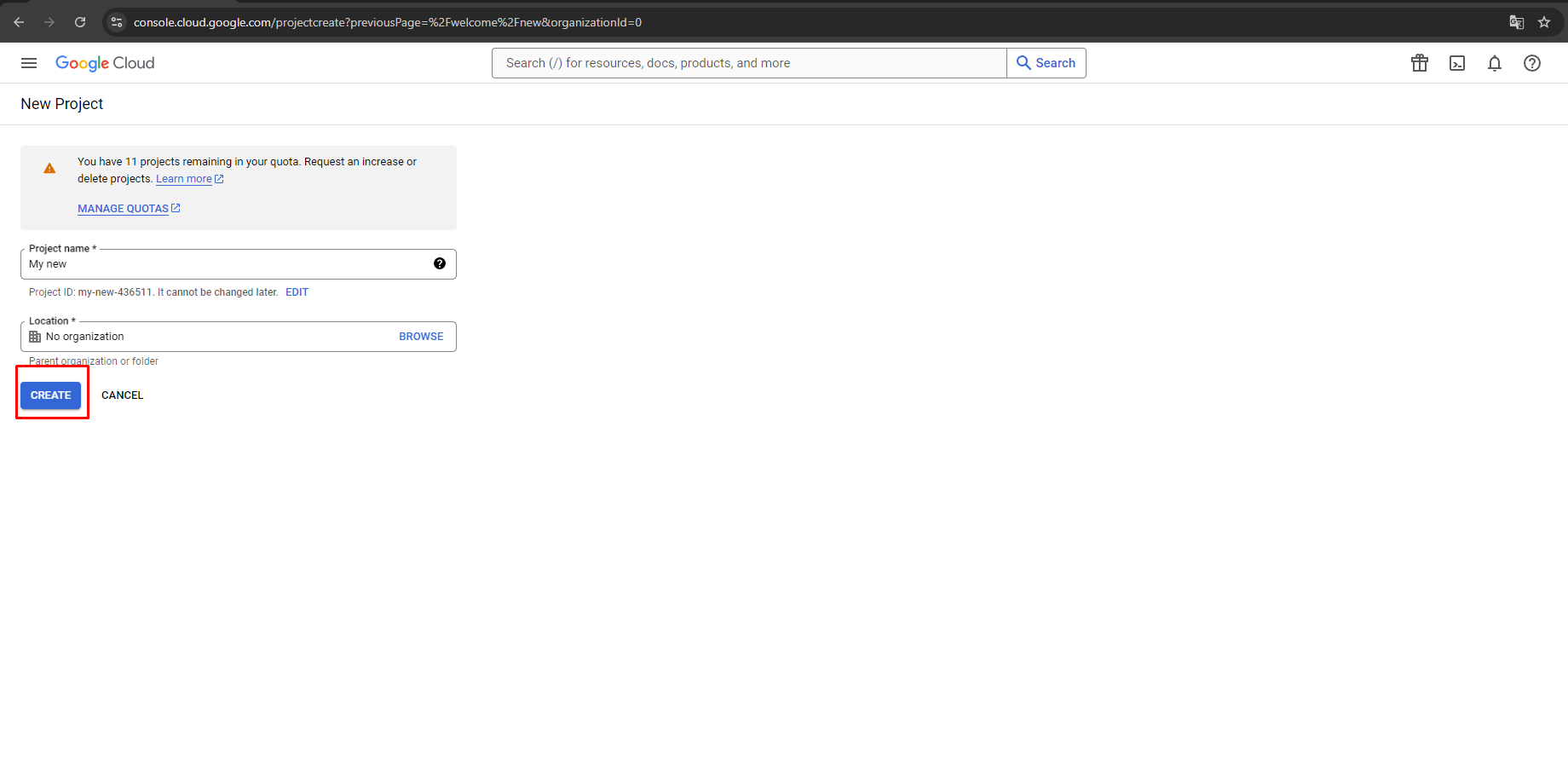 Generate Google API keys for Store Manager for Adobe (ex Magento), Specify Project name, organization name and hit Create