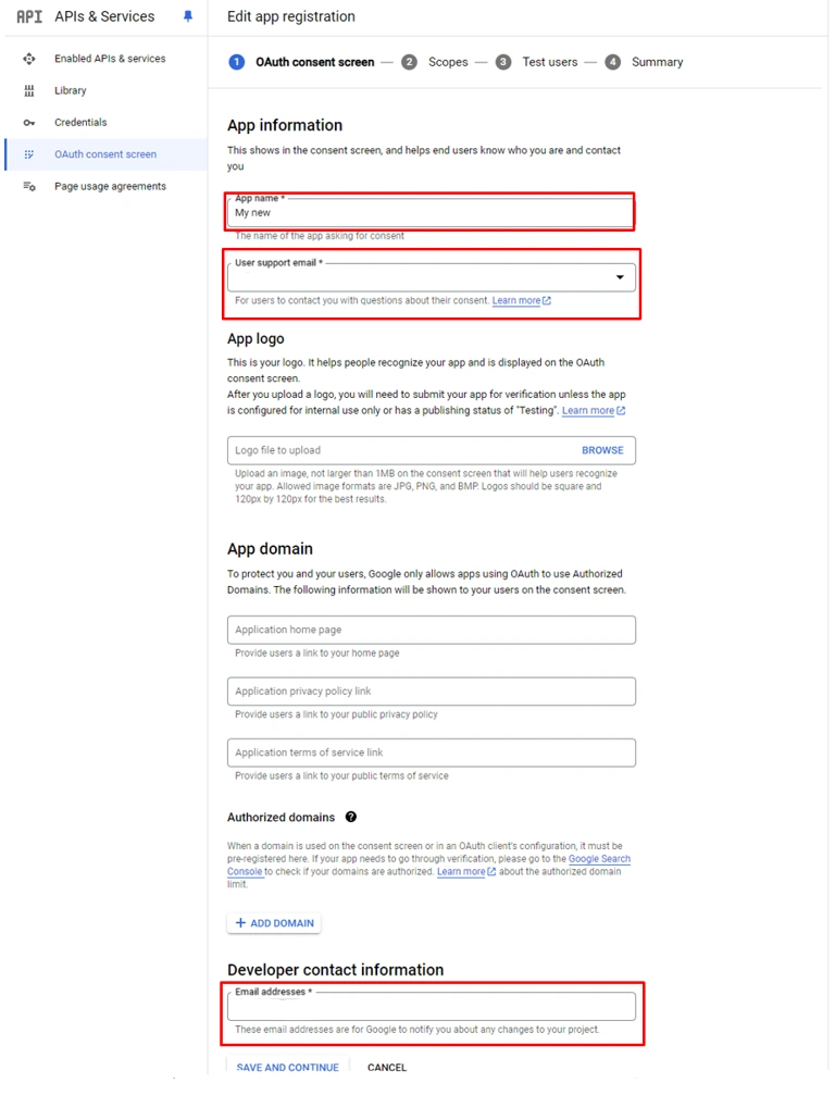 Generate Google API keys for Store Manager for Adobe (ex Magento), Fill in all required fields to create your App