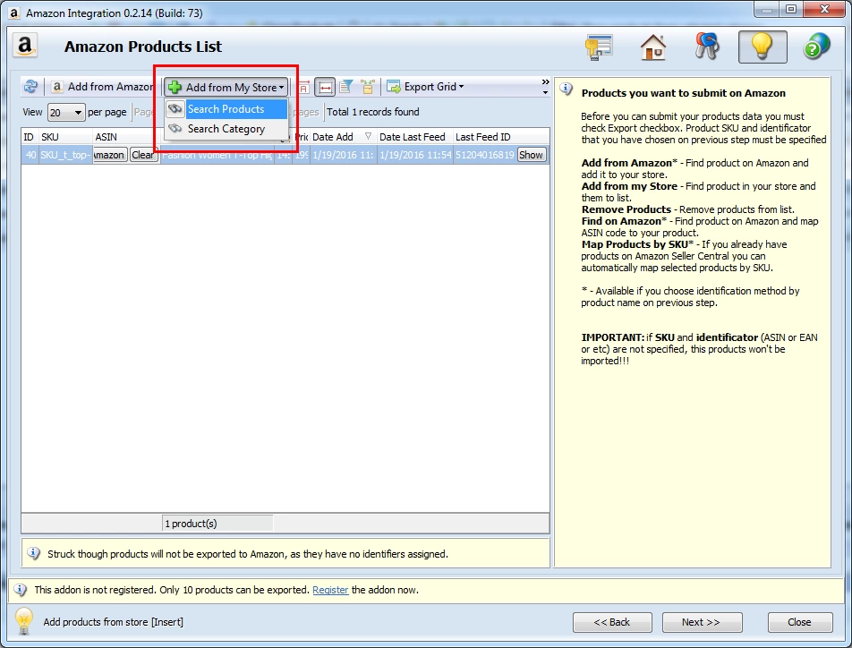 Magento-Amazon Integration search for magento products to be exported to amazon