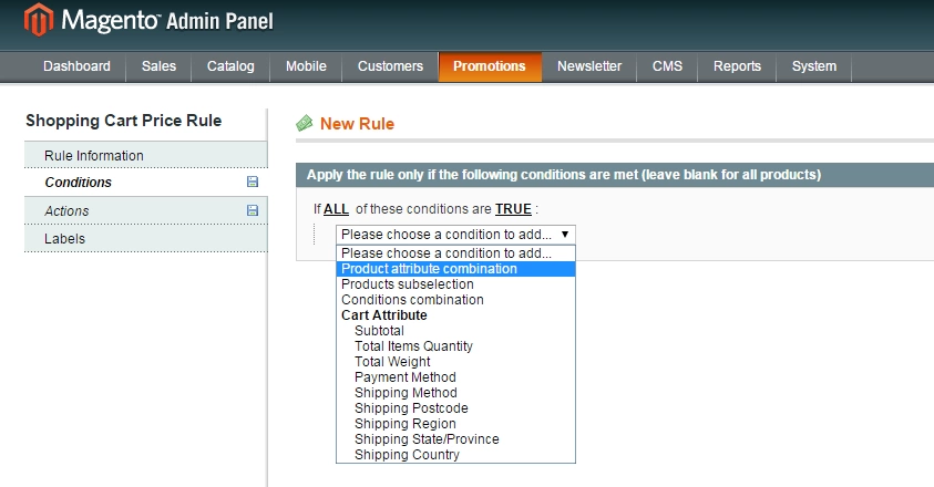 magento cart rules product attribute combination