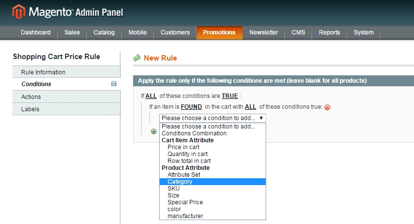 magento cart rules include specific categories