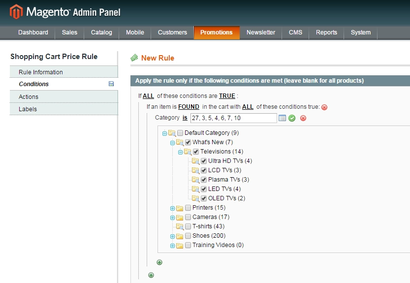 magento cart rules category ids
