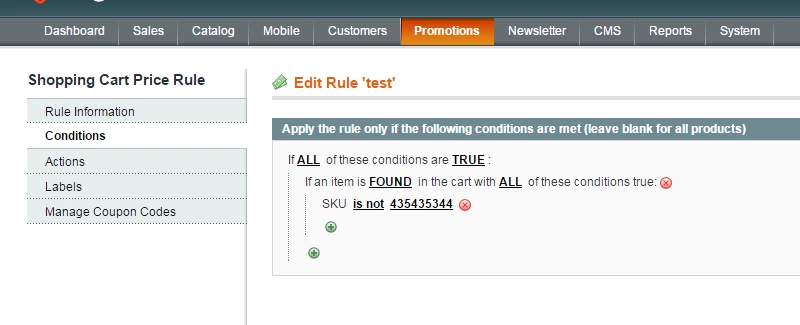 magento cart rules exclude skus from promotion