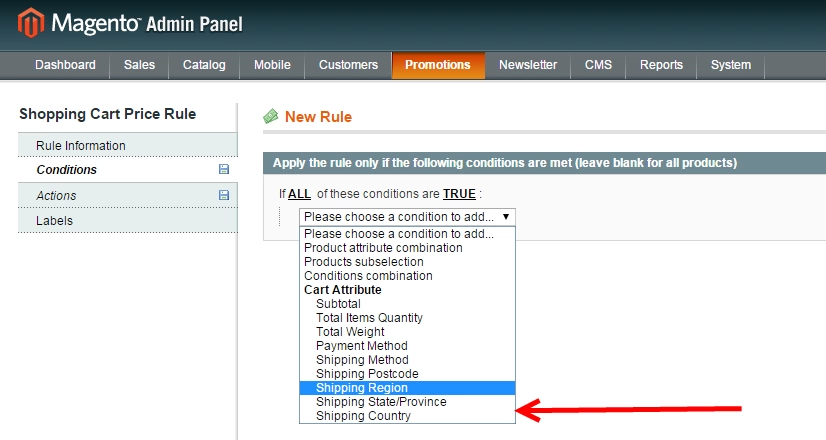 magento cart rules free shipping for region