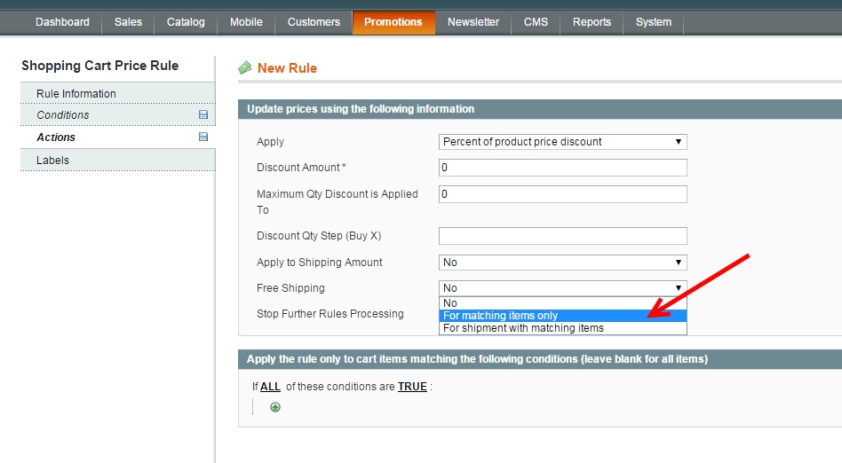 magento cart rules shipping for matching items only
