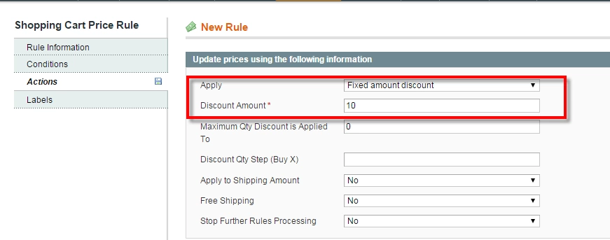 magento cart rules discount fixed amount