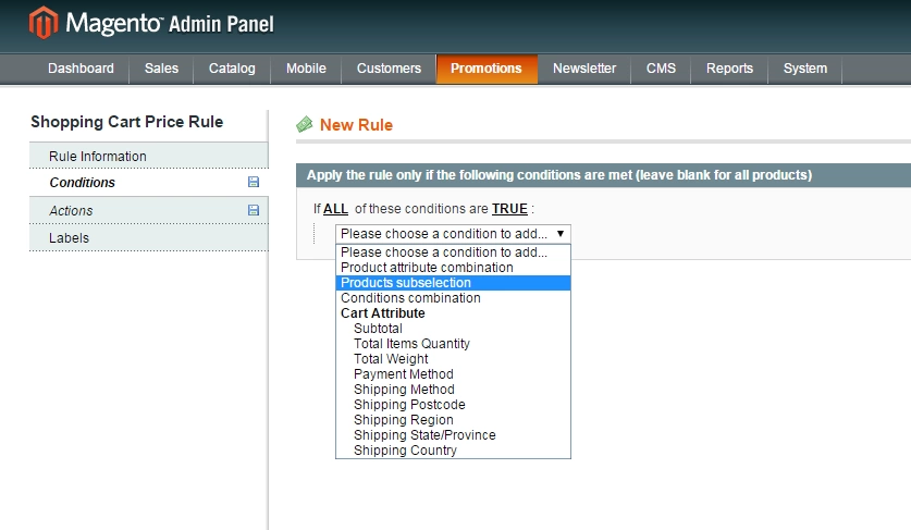 magento cart rules products subselection