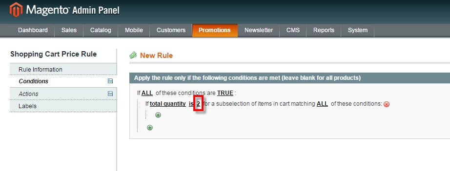 magento cart rules discount for 2 products