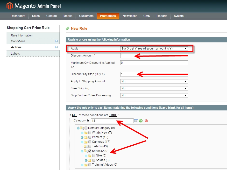 magento cart rules selecting categories