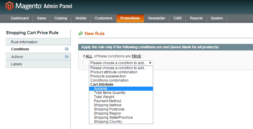 magento cart rules promotion order subtotal