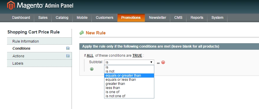 magento cart rules subtotal more than