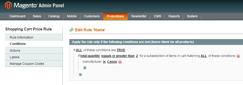 magento cart rules coupon for 2 products of same manufacturer