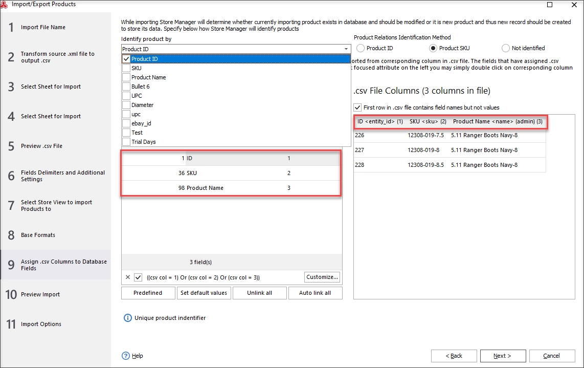 While Updating a SKU via Import Check If Columns in a File Are Mapped to Appropriate Database Fields