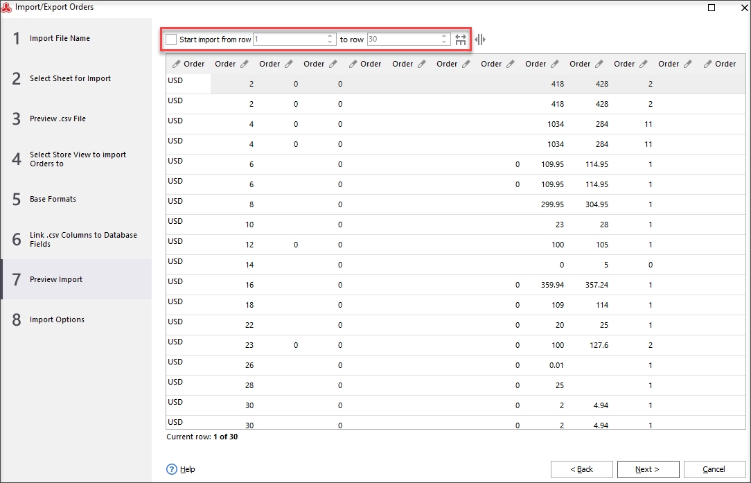 Select Rows to Import Certain Orders to Magento from the File