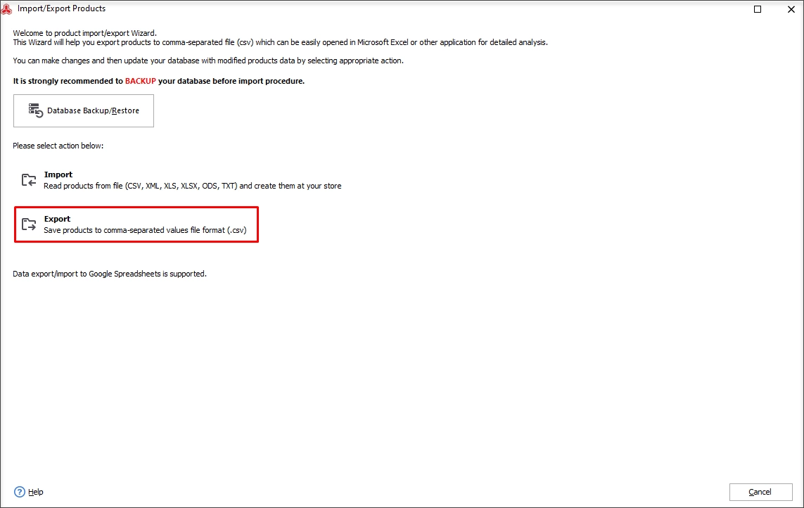 Open Import/Export Products Wizard from product toolbar and select ‘Export’