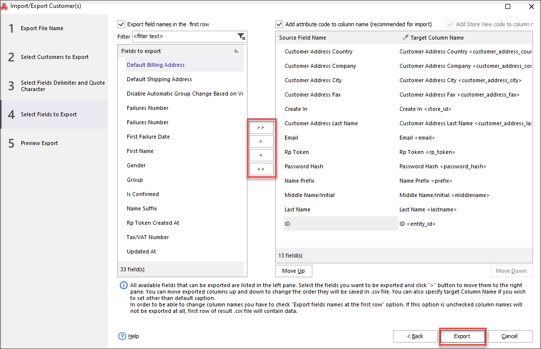 select fields to be exported