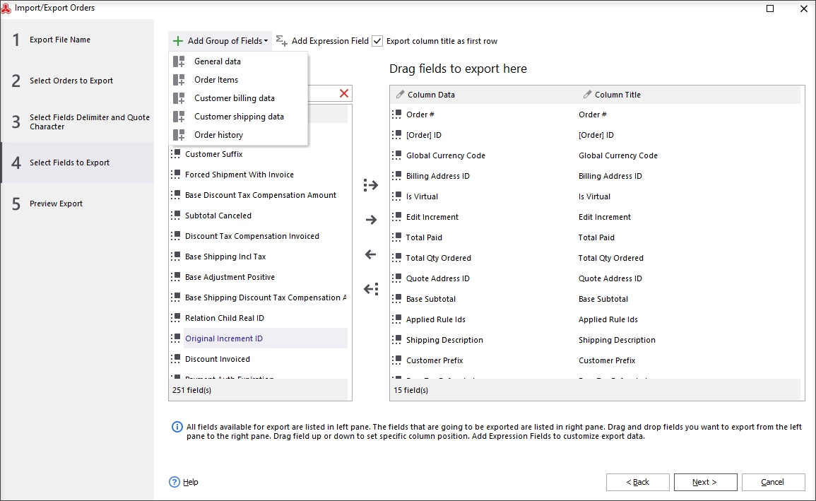 Select Fields to Export