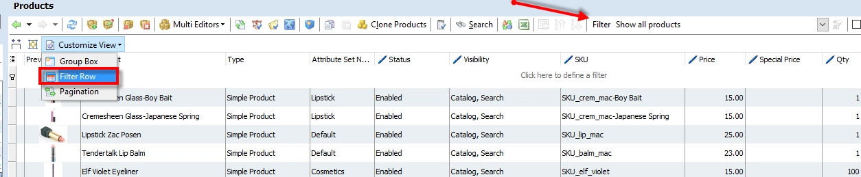 magento stocktaking filter row
