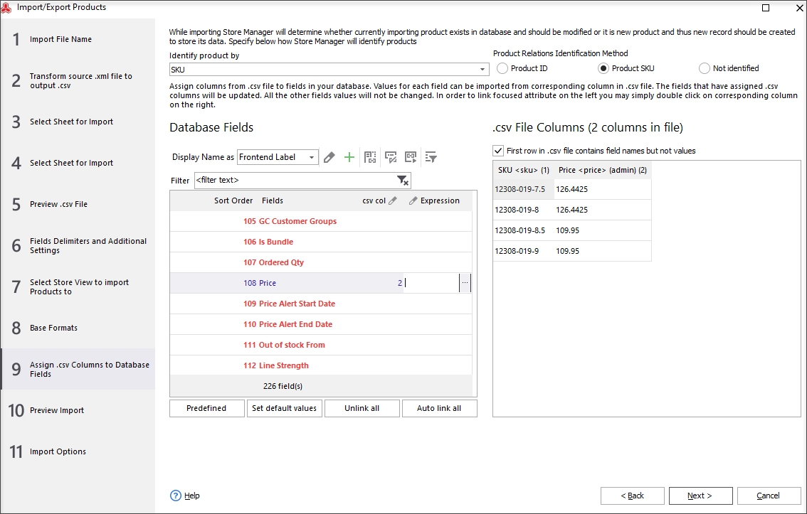 Assign CSV columns to database fields