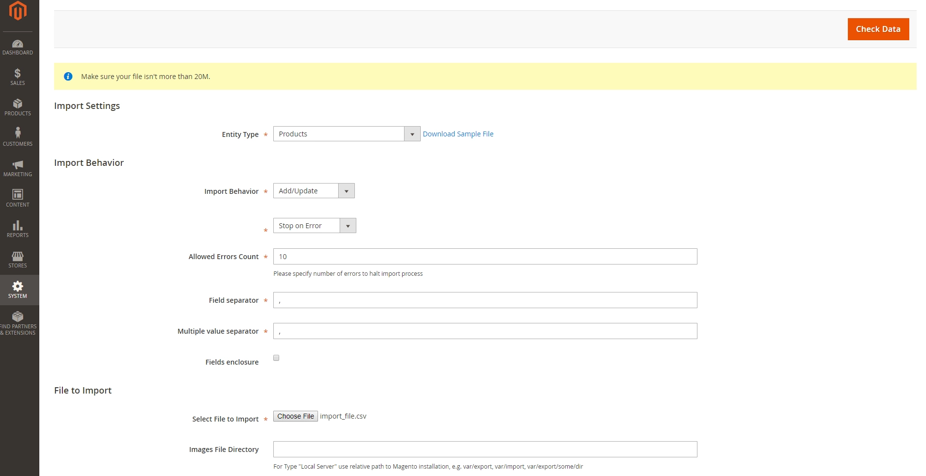 Required Magento 2 Import Values magento import bahaviour