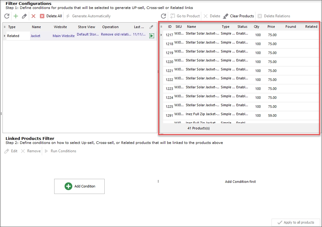 View Main Products That Match Filter Criteria