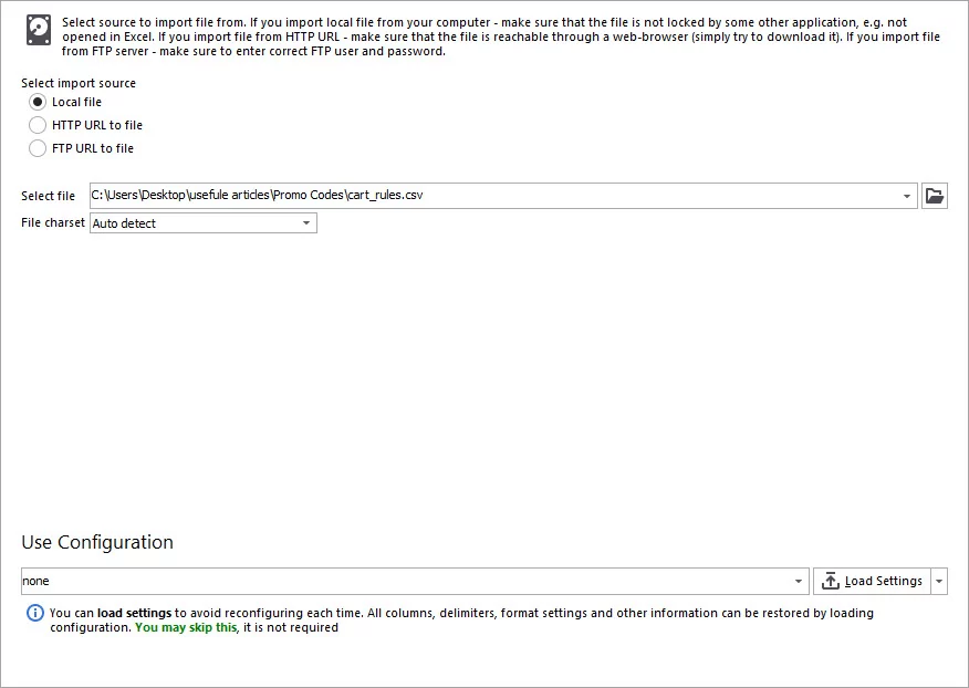 Select File for Cart Rules Import