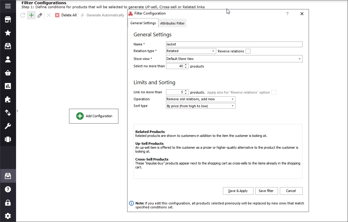 General Settings and Attributes Filter Tabs in the Related Products Generator Tool