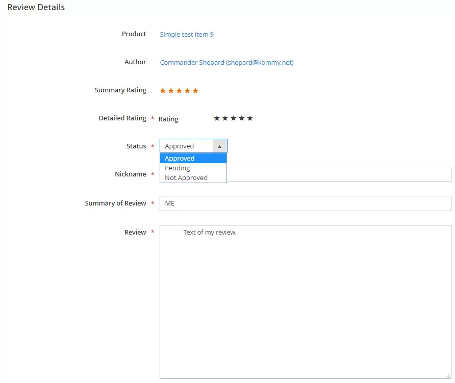 Magento 2 Product Reviews edit-magento-review-details