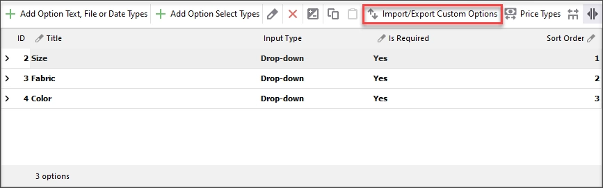 Import or export custom options
