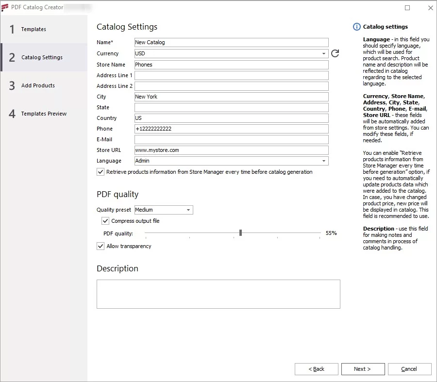 Magento Store Manager PDF Catalog Creator Wizard Catalog Settings