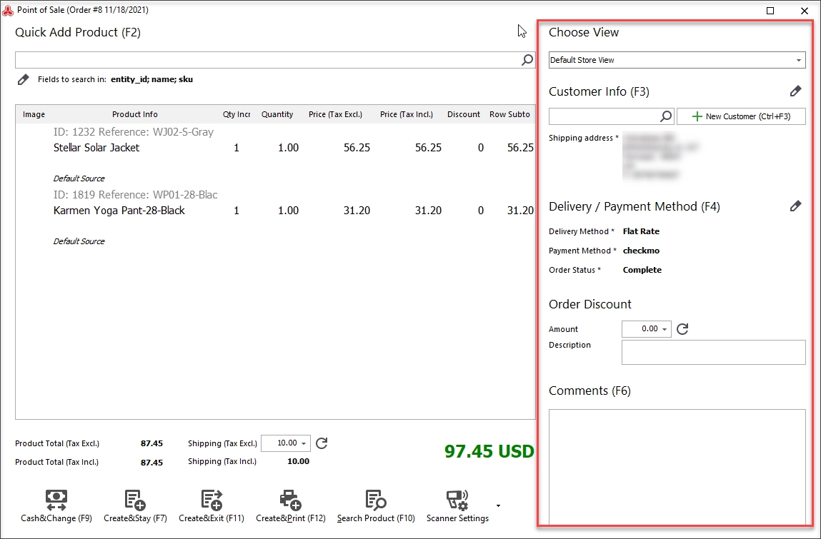 To complete the order, fill customer information and select payment and shipping options