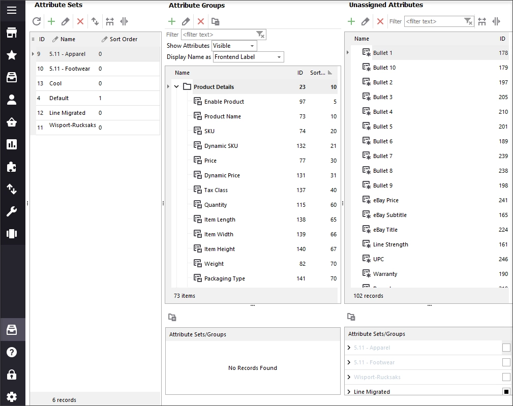 Attribute Sets, Attribute Groups and Unassigned Attributes sections