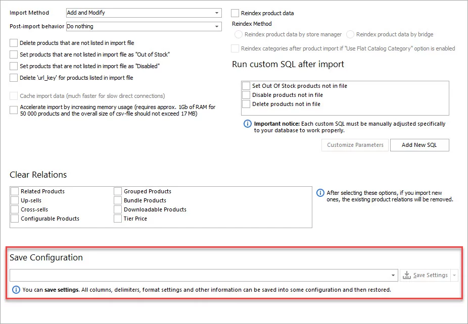 Save Import Configuration