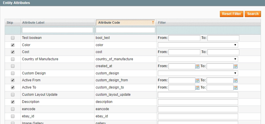 Select what entity attributes to export