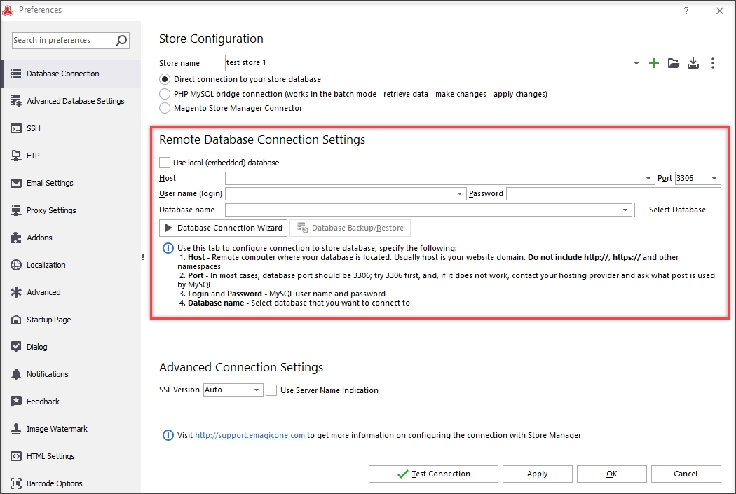 Configure remote database connection settings