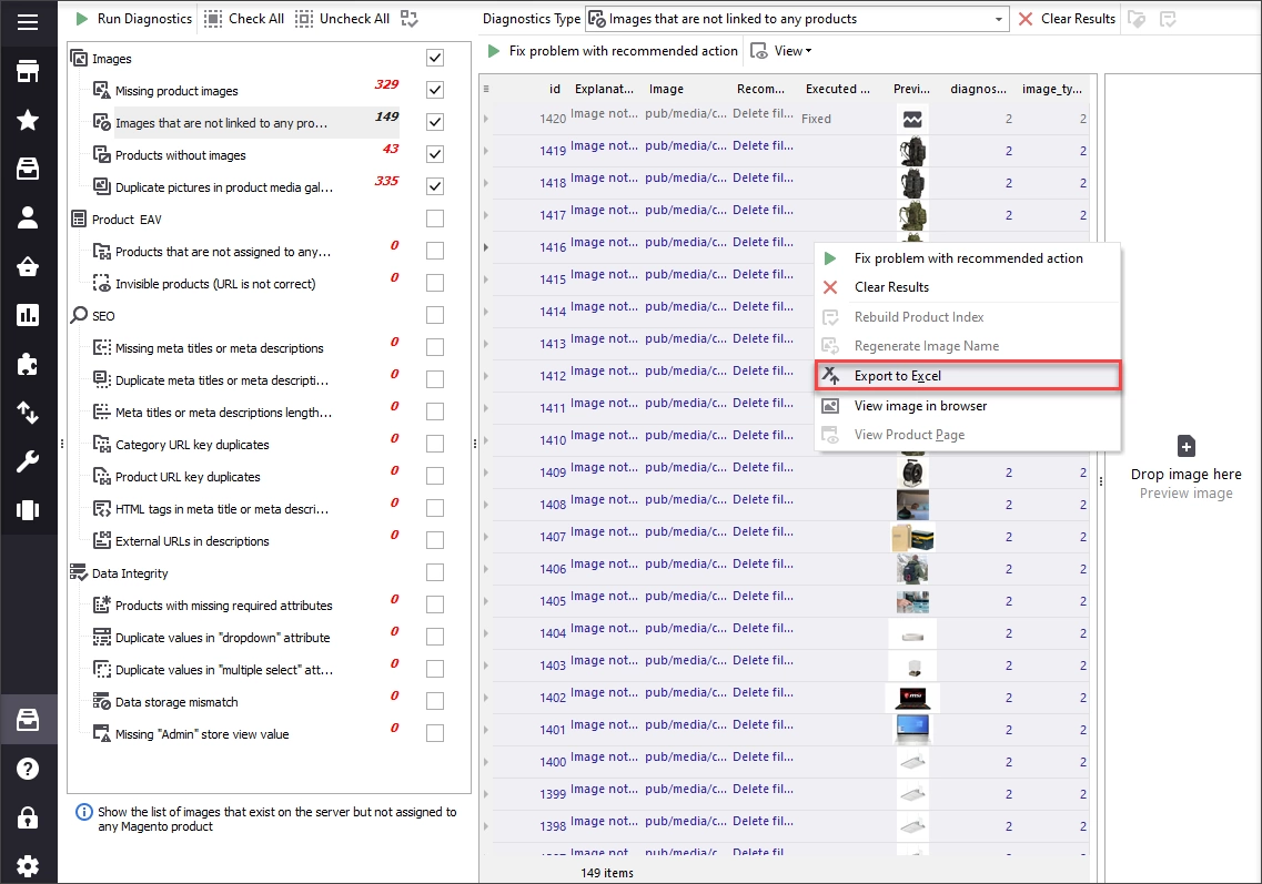 Export Magento image diagnostics results to Excel